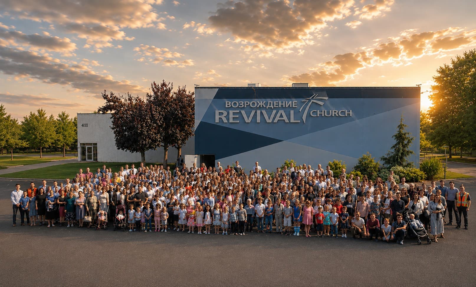 Revival Church family gathered in front of the church building