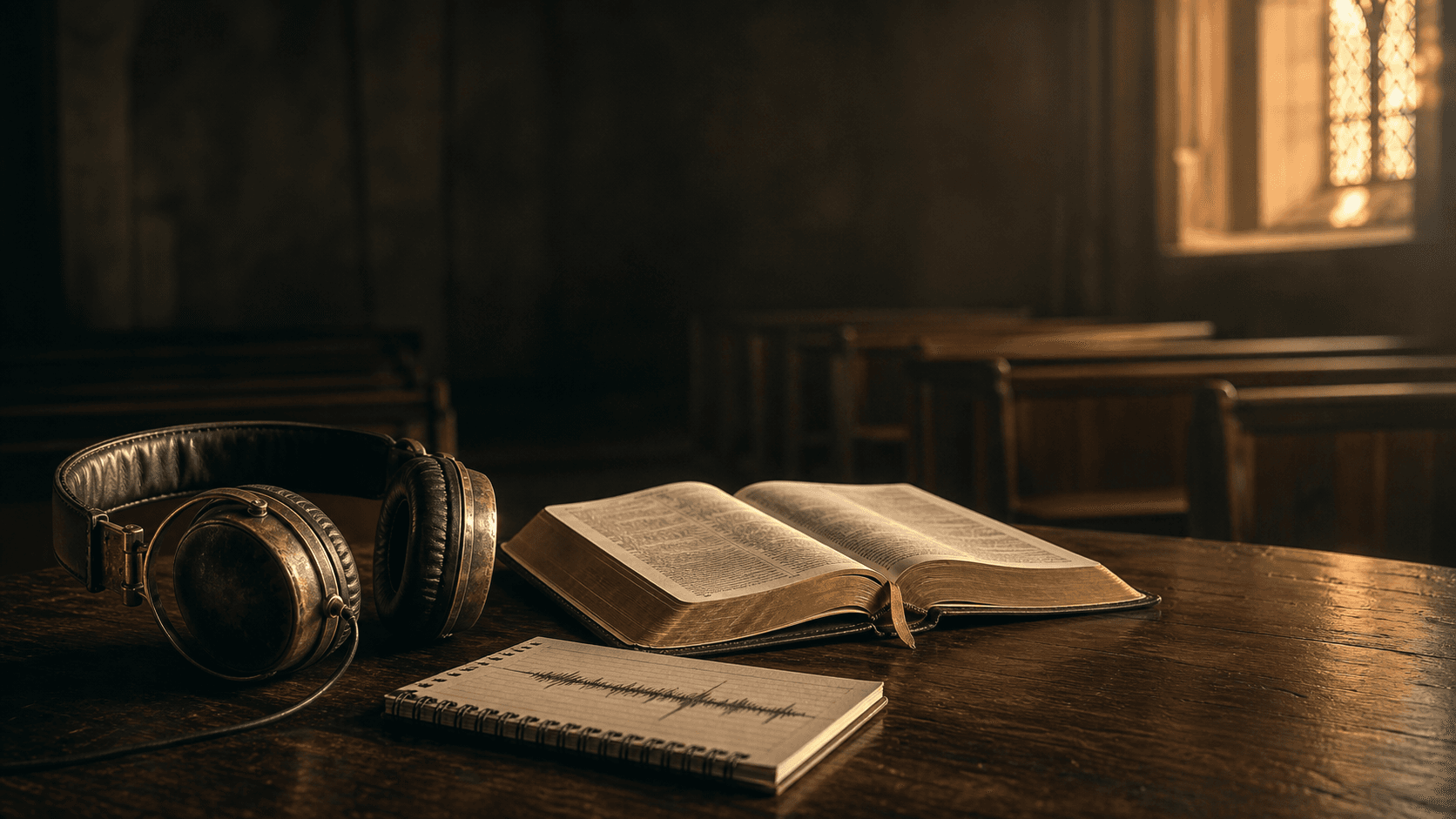 Headphones and an open Bible in a church sanctuary